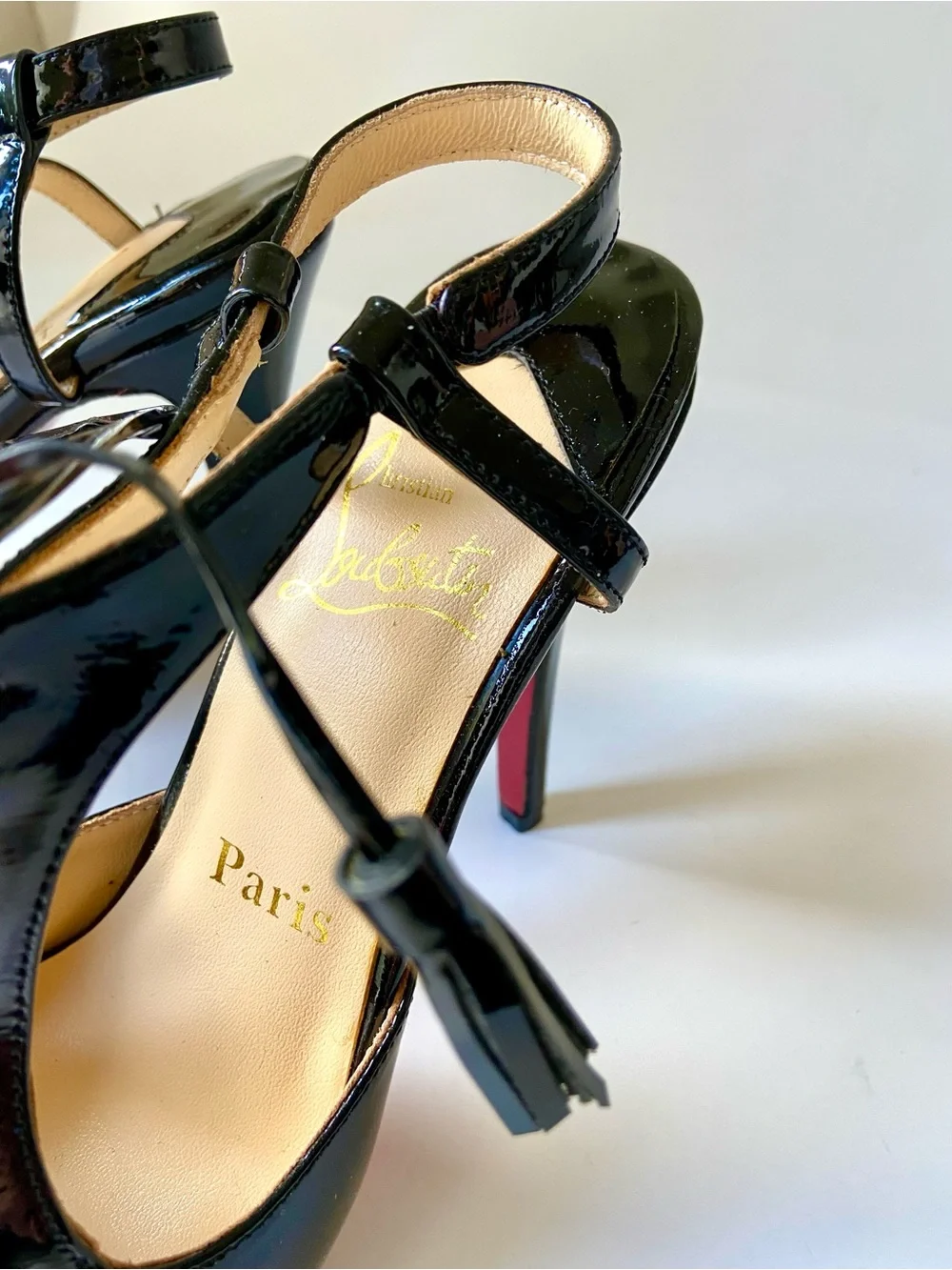 NWT Black Patent High Heel Louboutin platform Sandals with tie vamp